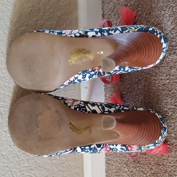 Ruby Shoo Teal and Pink Floral Heels - Tassle / Bow Closure - Picture 5 of 7